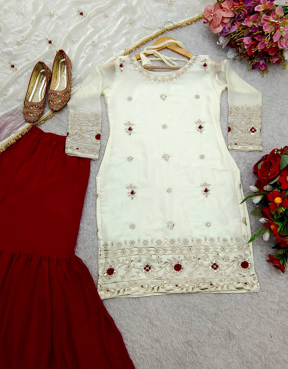 Function Wear White Color Pure Fendy Silk With Heavy Embroidery Sequence Work Sharara Suit