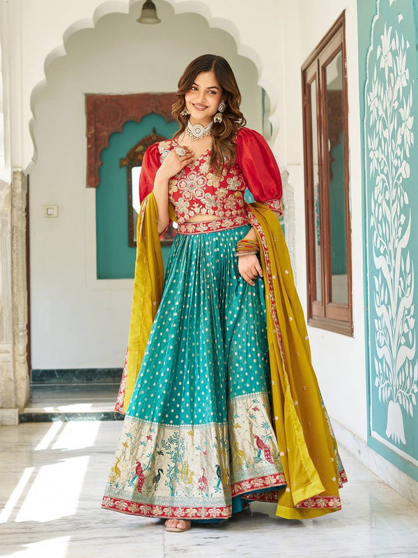 Glorious Green Color Mono Silk Embroidery Sequence Work With Thread Work Lehenga Choli