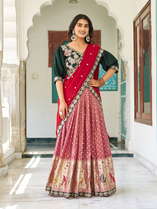 Glorious Peach Color Mono Silk Embroidery Sequence Work With Thread Work Lehenga Choli