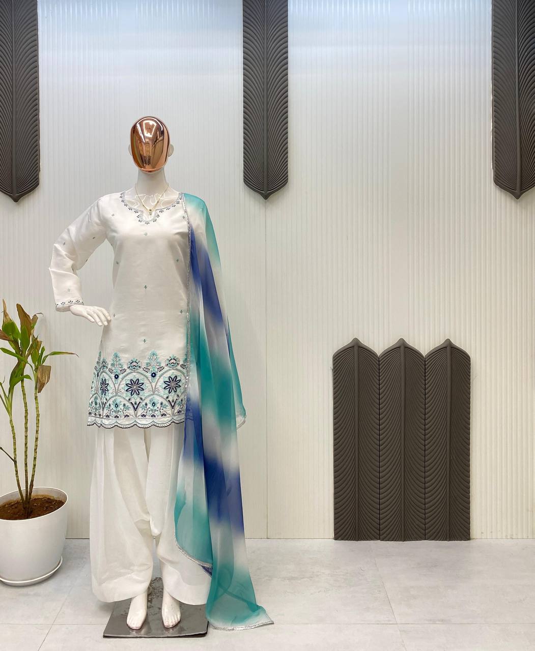 Party Wear Off White Color Roman Silk With Sequence Embroidery Salwar Suit