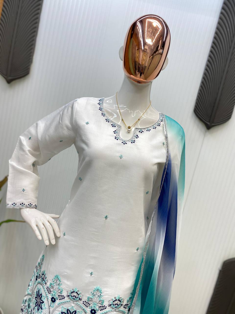 Party Wear Off White Color Roman Silk With Sequence Embroidery Salwar Suit