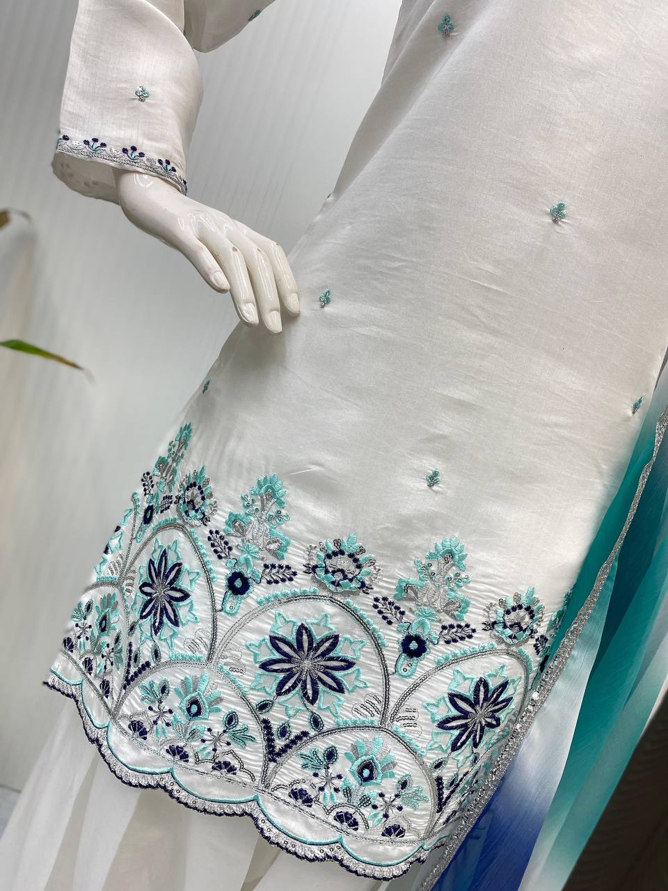 Party Wear Off White Color Roman Silk With Sequence Embroidery Salwar Suit