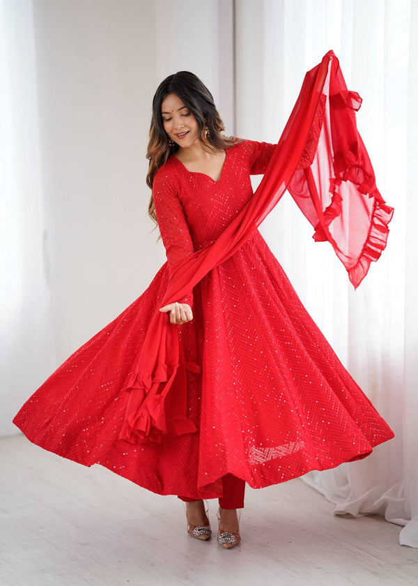 Gorgeous Red Color Sequins Work Designer Anarkali Suit