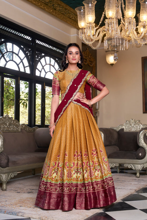 South Style Wear Mustard Color Kanchipuram Printed With Zari Weaving Work Lehenga Choli