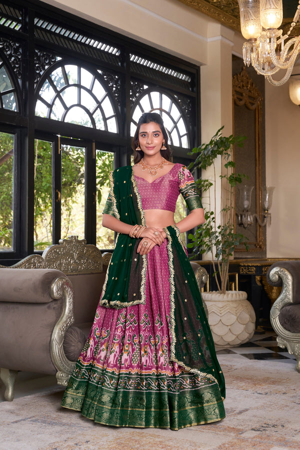 South Indian Wear Pink Color Kanchipuram Printed With Zari Weaving Work Lehenga Choli