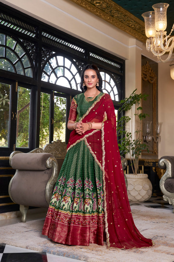 South Indian Wear Green Color Kanchipuram Printed With Zari Weaving Work Lehenga Choli