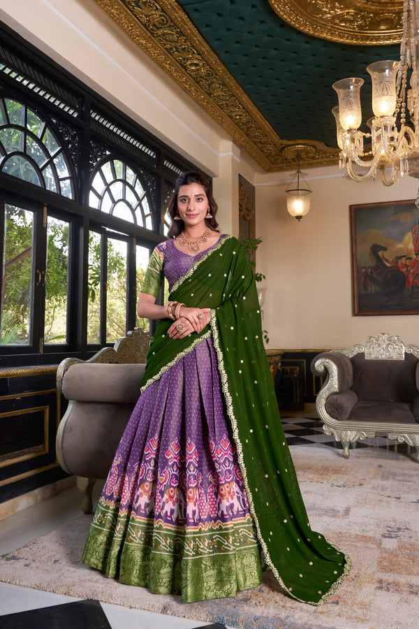 South Style Wear Purple Color Kanchipuram Printed With Zari Weaving Work Lehenga Choli