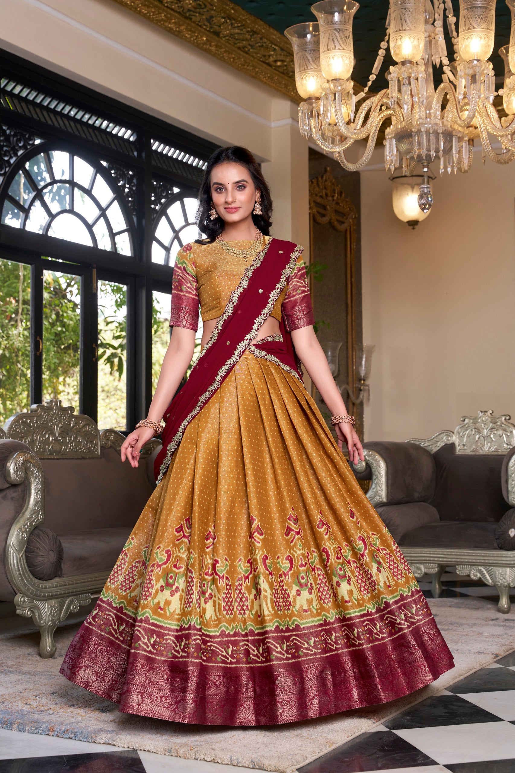 South Style Wear Mustard Color Kanchipuram Printed With Zari Weaving Work Lehenga Choli