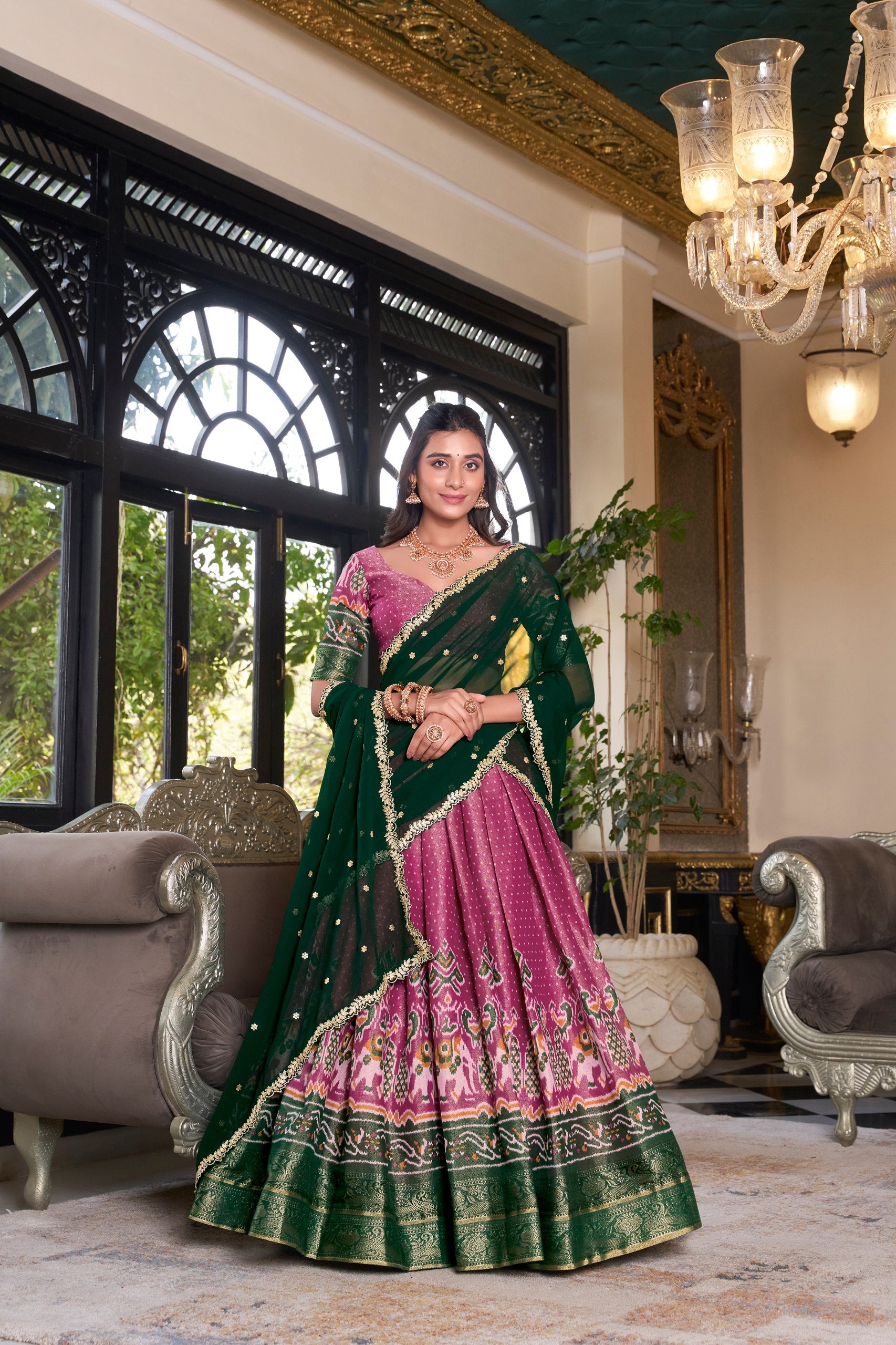 South Indian Wear Pink Color Kanchipuram Printed With Zari Weaving Work Lehenga Choli