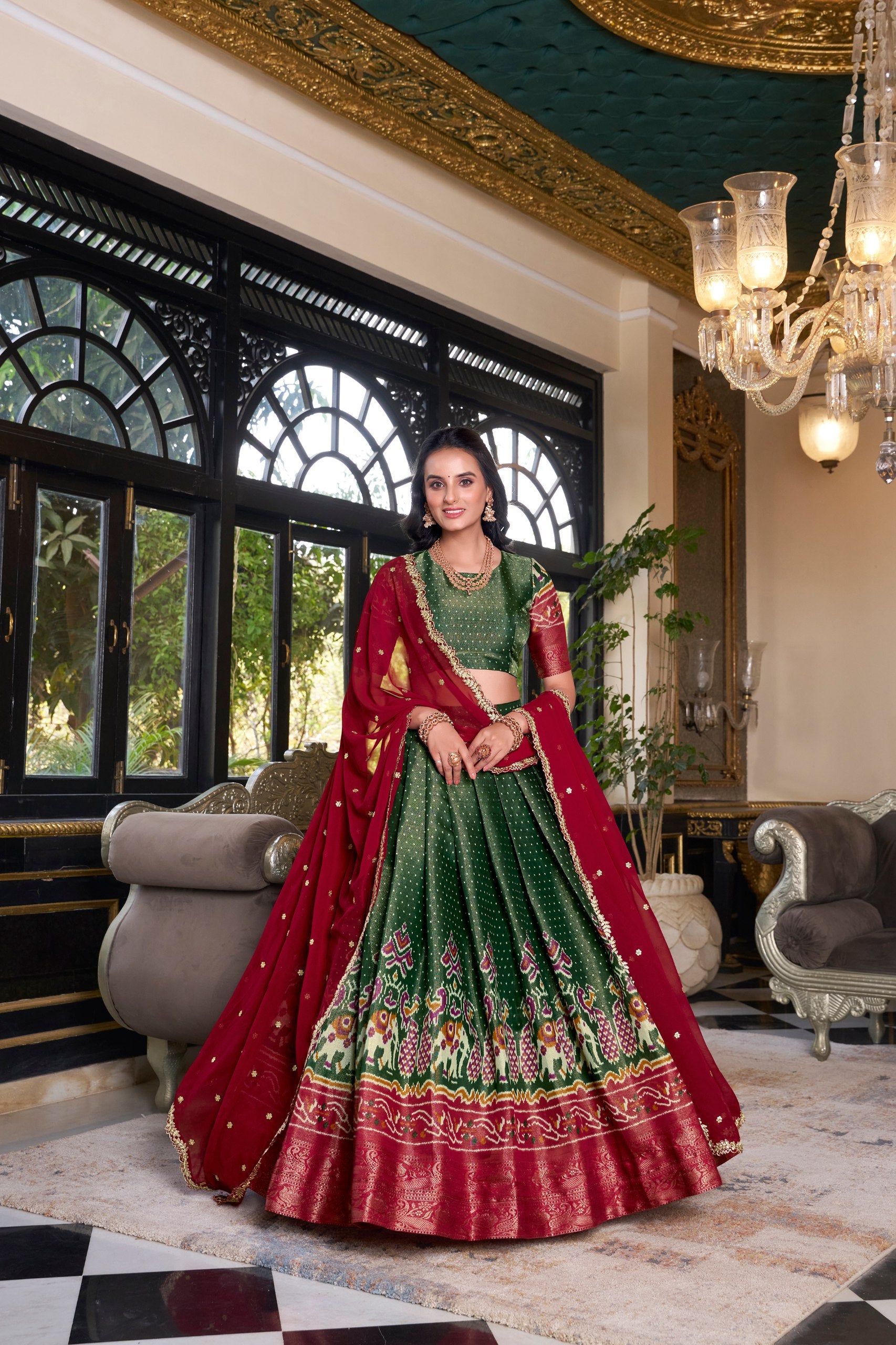 South Indian Wear Green Color Kanchipuram Printed With Zari Weaving Work Lehenga Choli