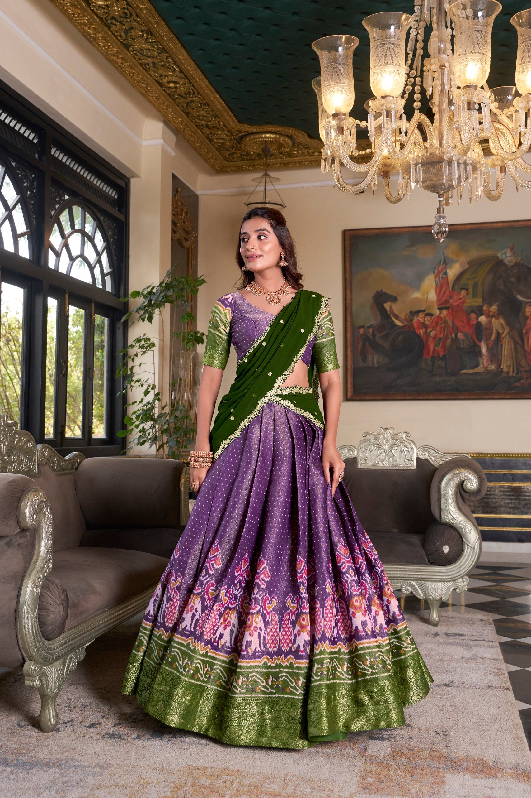 South Style Wear Purple Color Kanchipuram Printed With Zari Weaving Work Lehenga Choli