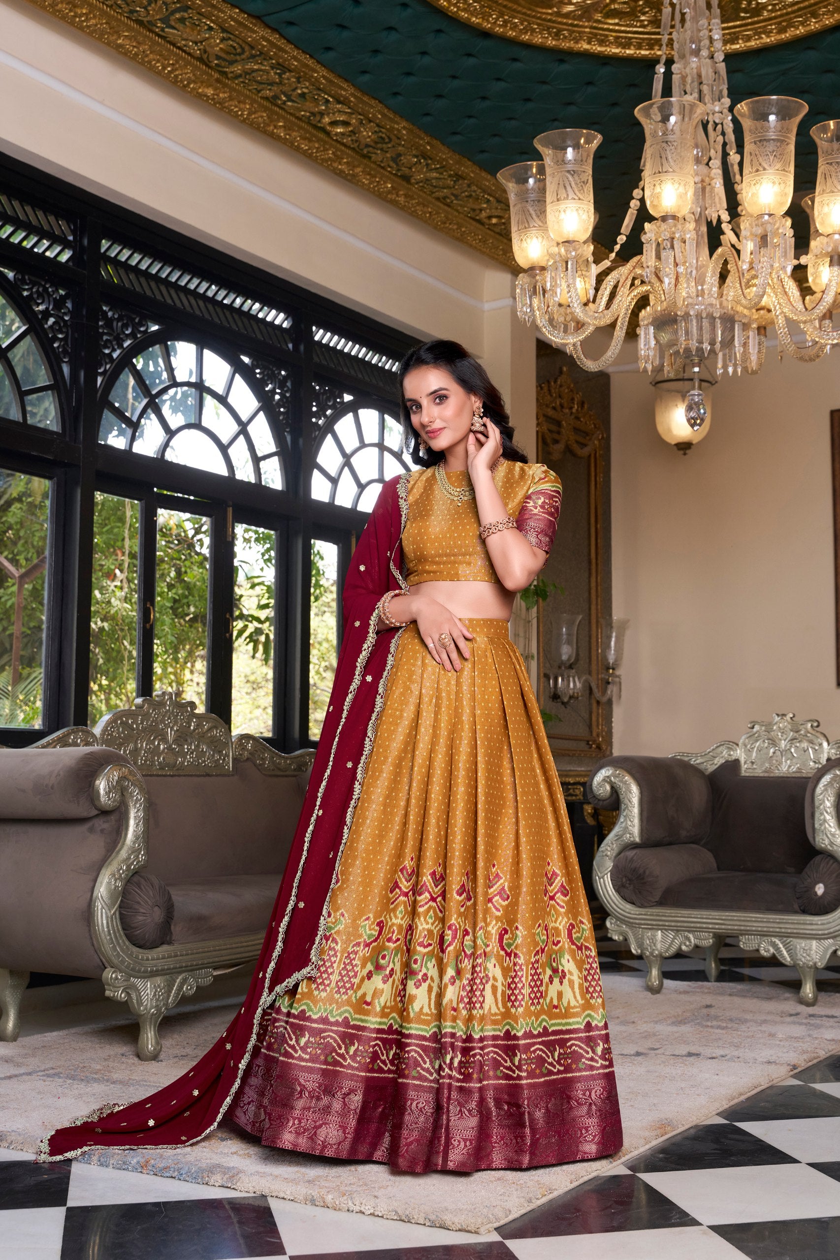 South Style Wear Mustard Color Kanchipuram Printed With Zari Weaving Work Lehenga Choli