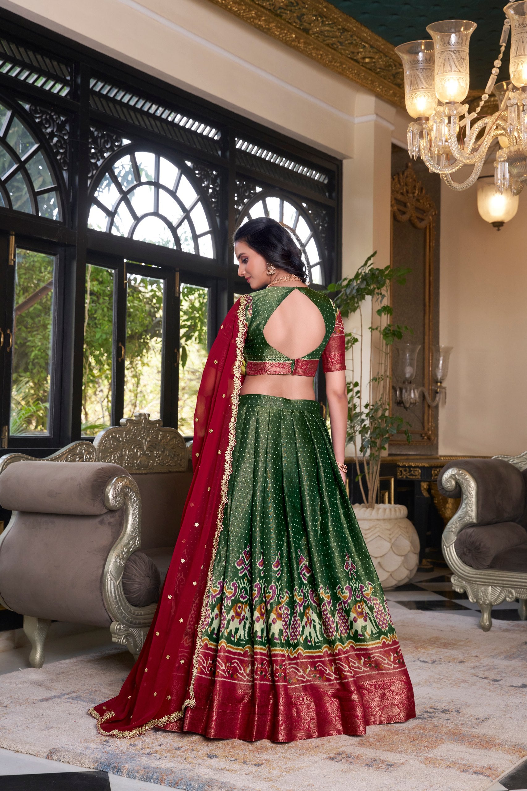 South Indian Wear Green Color Kanchipuram Printed With Zari Weaving Work Lehenga Choli