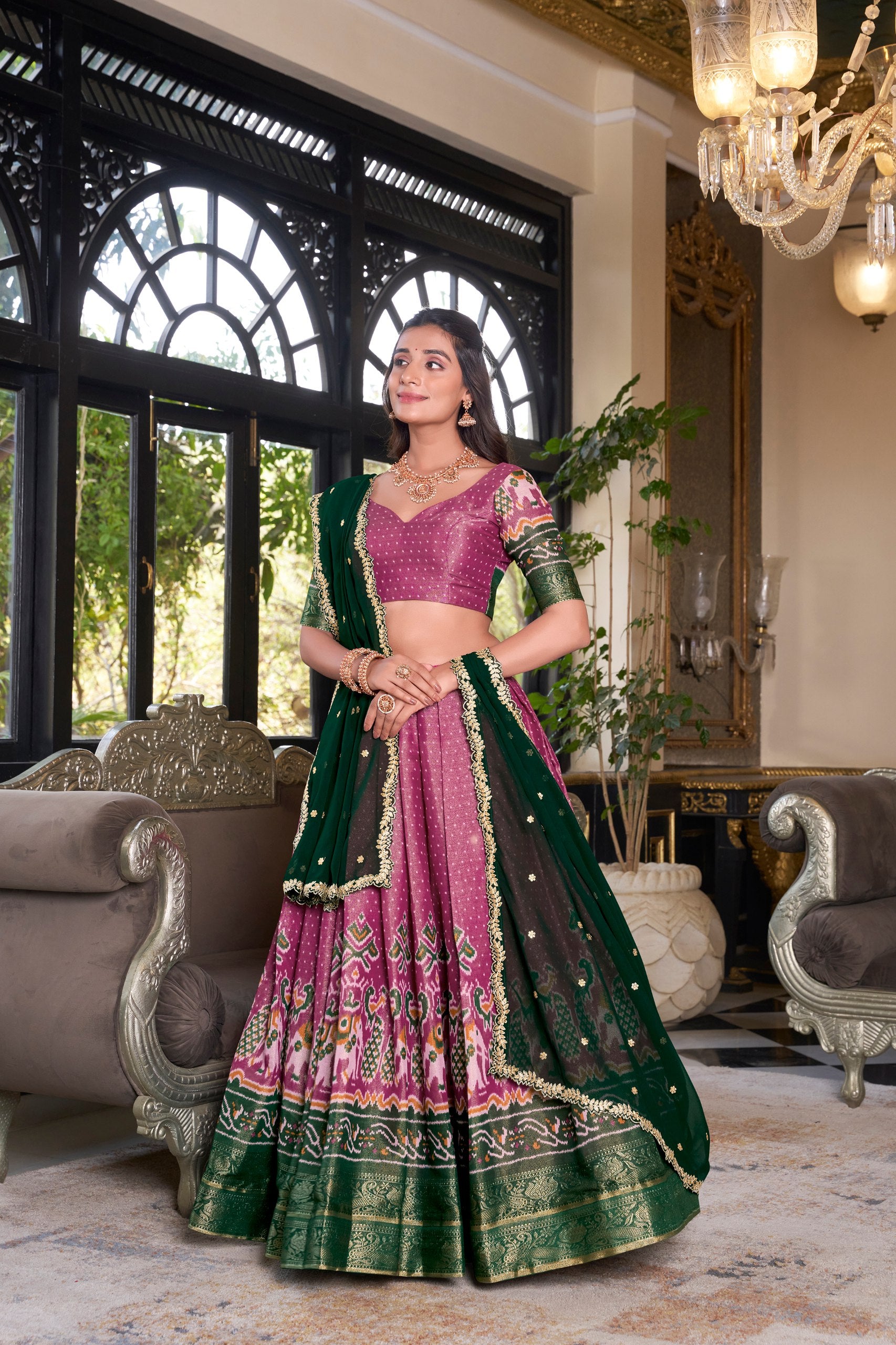 South Indian Wear Pink Color Kanchipuram Printed With Zari Weaving Work Lehenga Choli