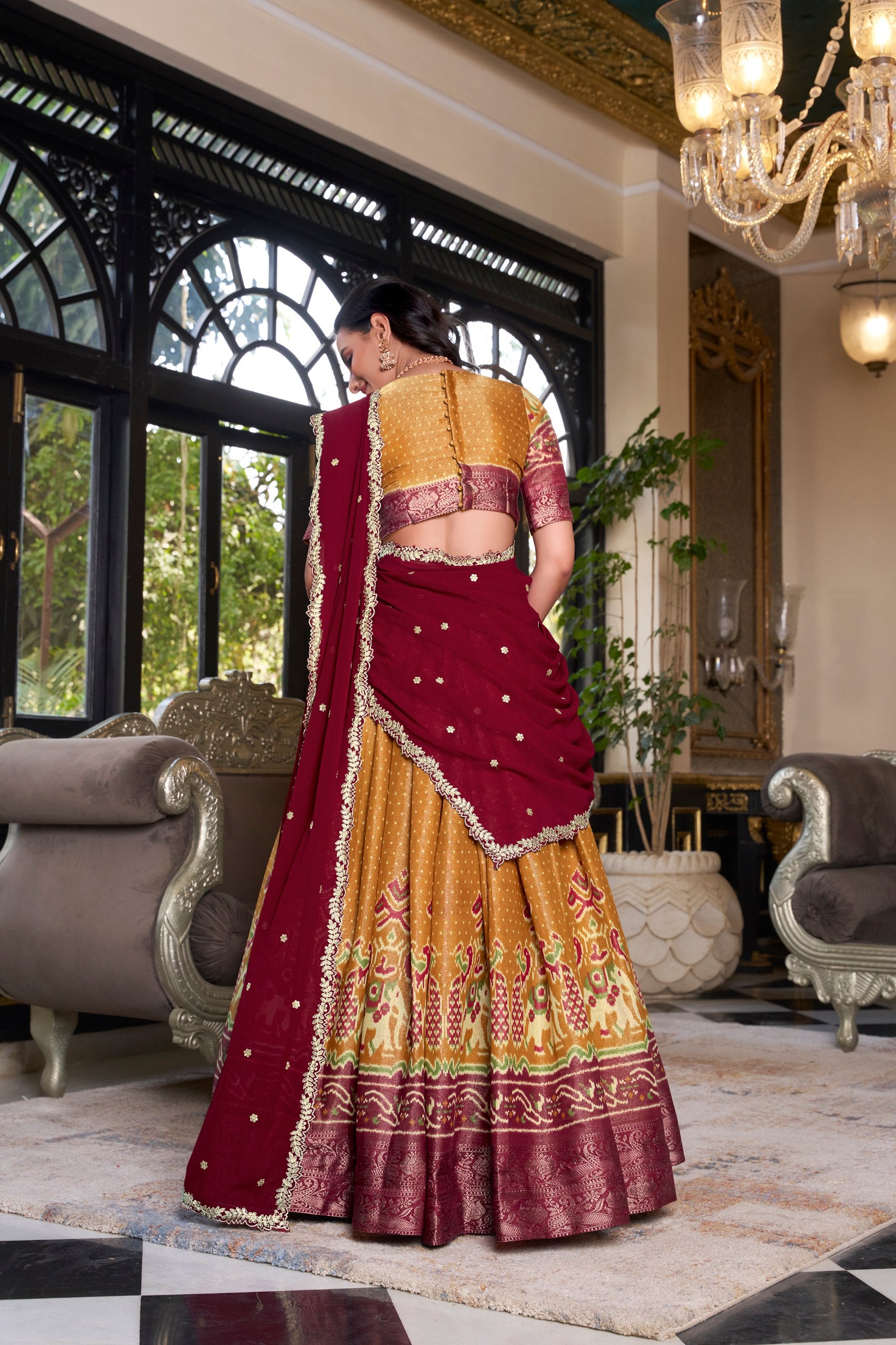 South Style Wear Mustard Color Kanchipuram Printed With Zari Weaving Work Lehenga Choli