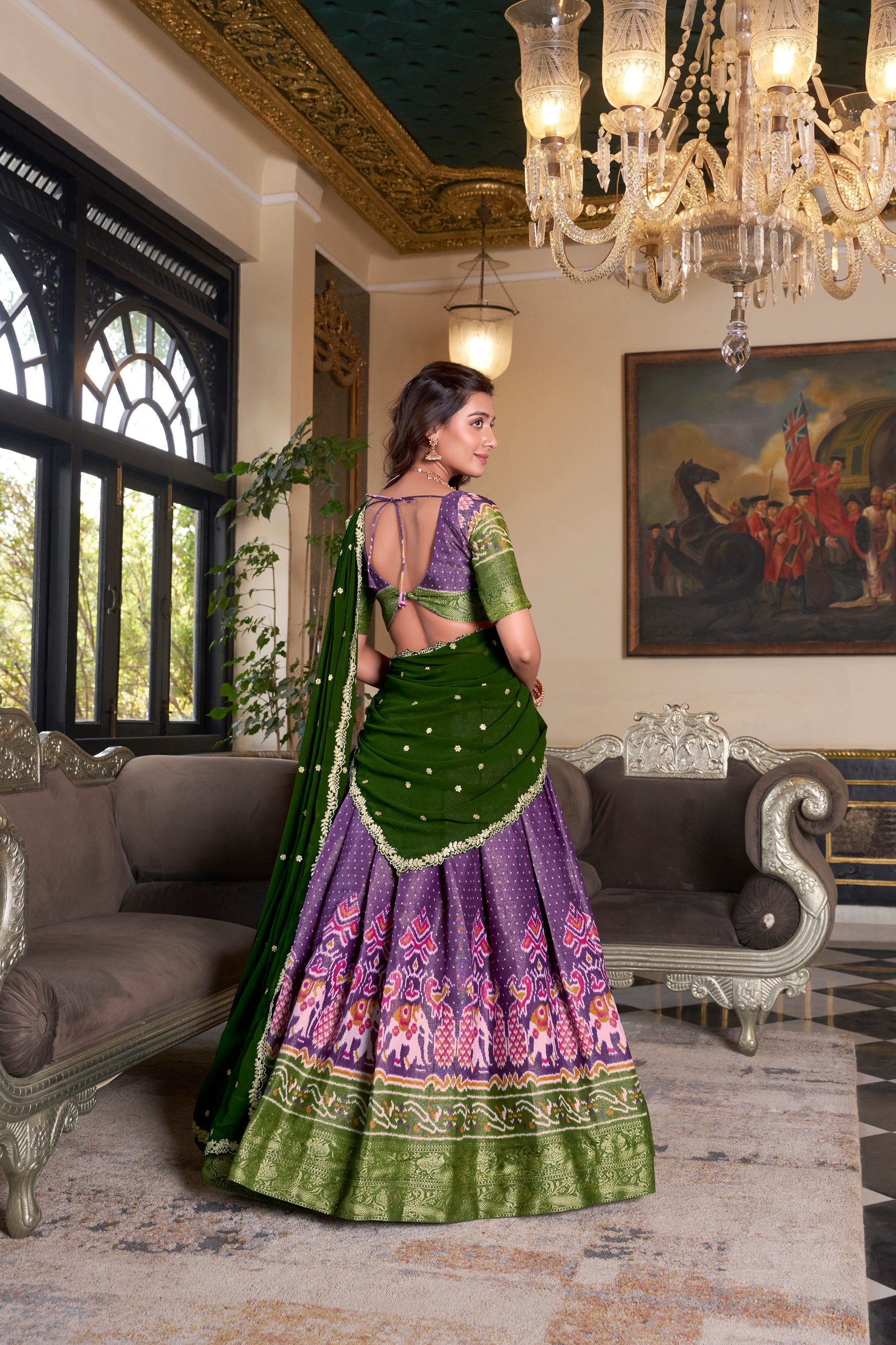 South Style Wear Purple Color Kanchipuram Printed With Zari Weaving Work Lehenga Choli