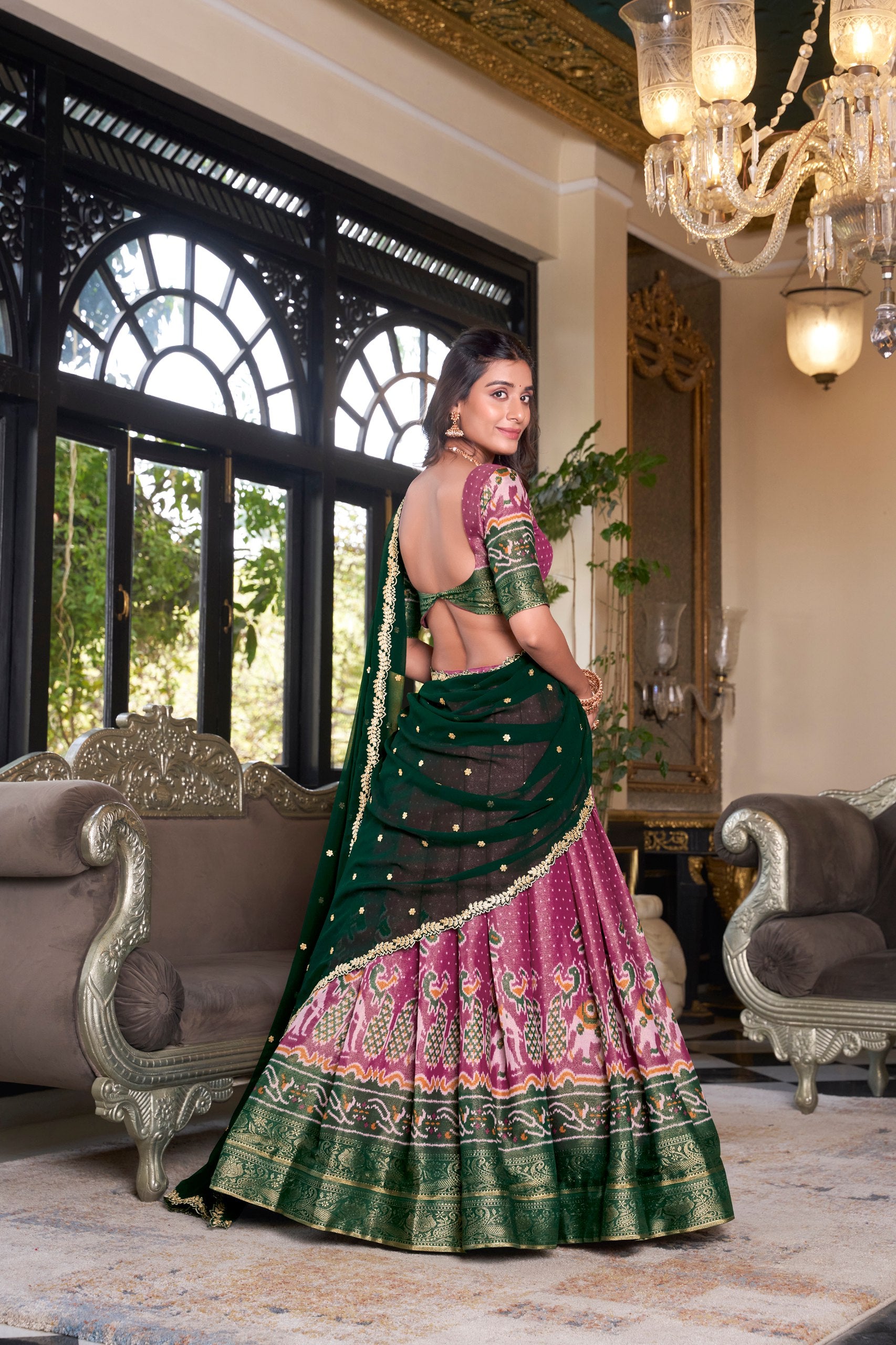 South Indian Wear Pink Color Kanchipuram Printed With Zari Weaving Work Lehenga Choli