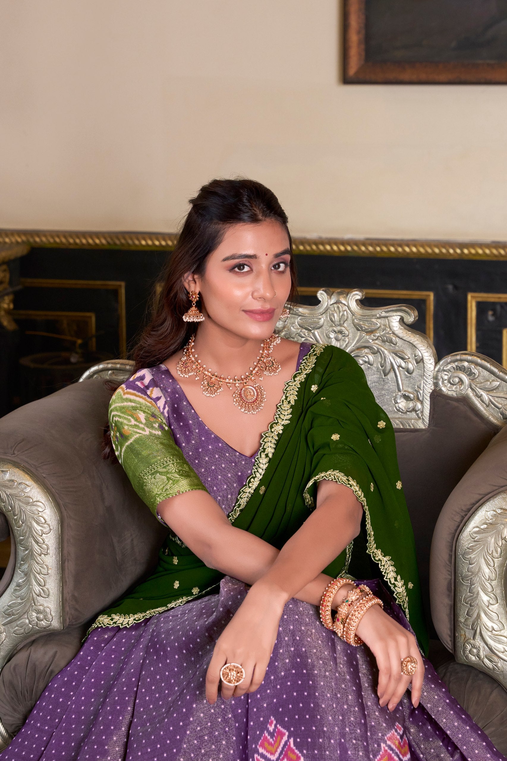 South Style Wear Purple Color Kanchipuram Printed With Zari Weaving Work Lehenga Choli