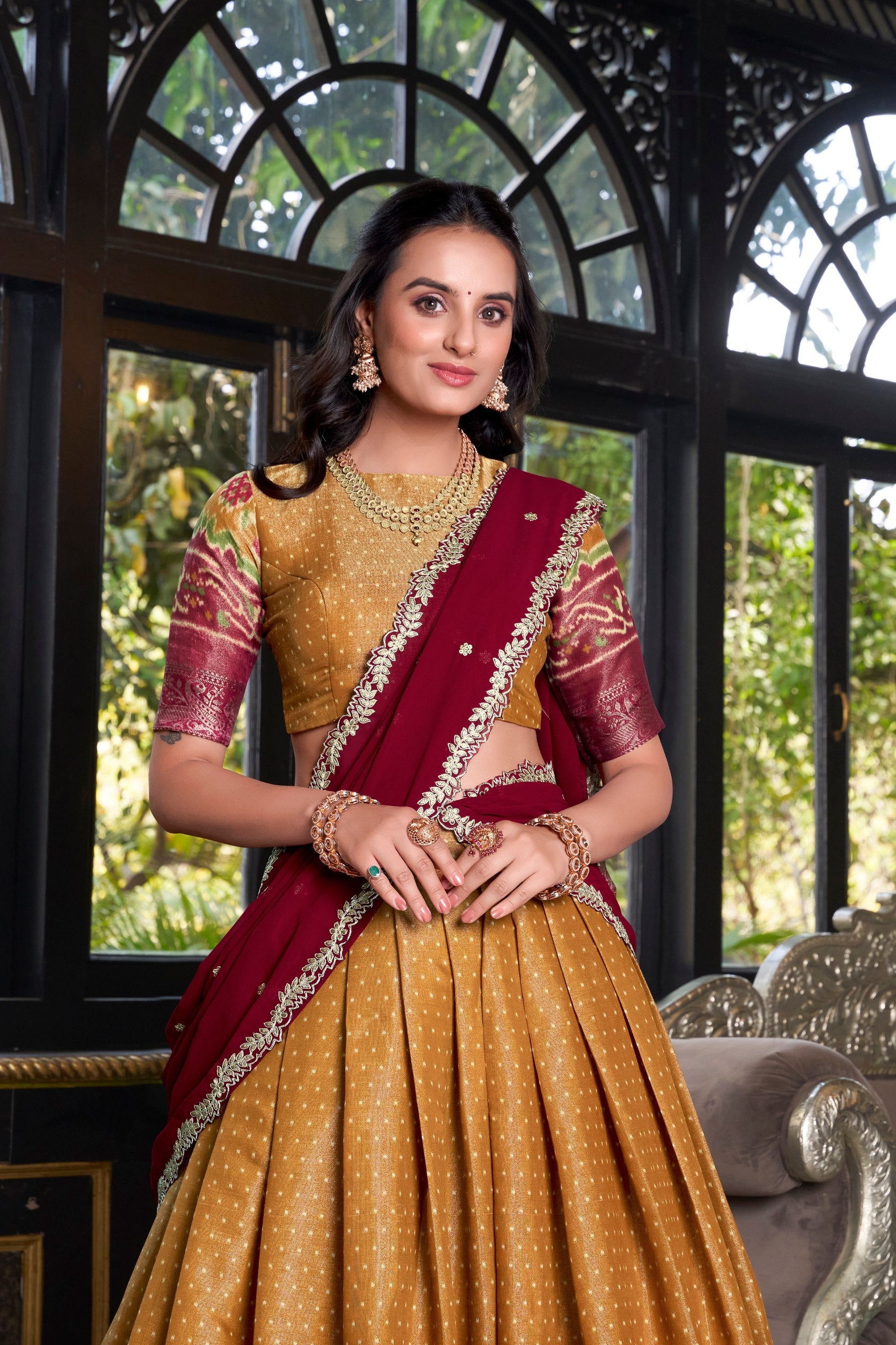 South Style Wear Mustard Color Kanchipuram Printed With Zari Weaving Work Lehenga Choli