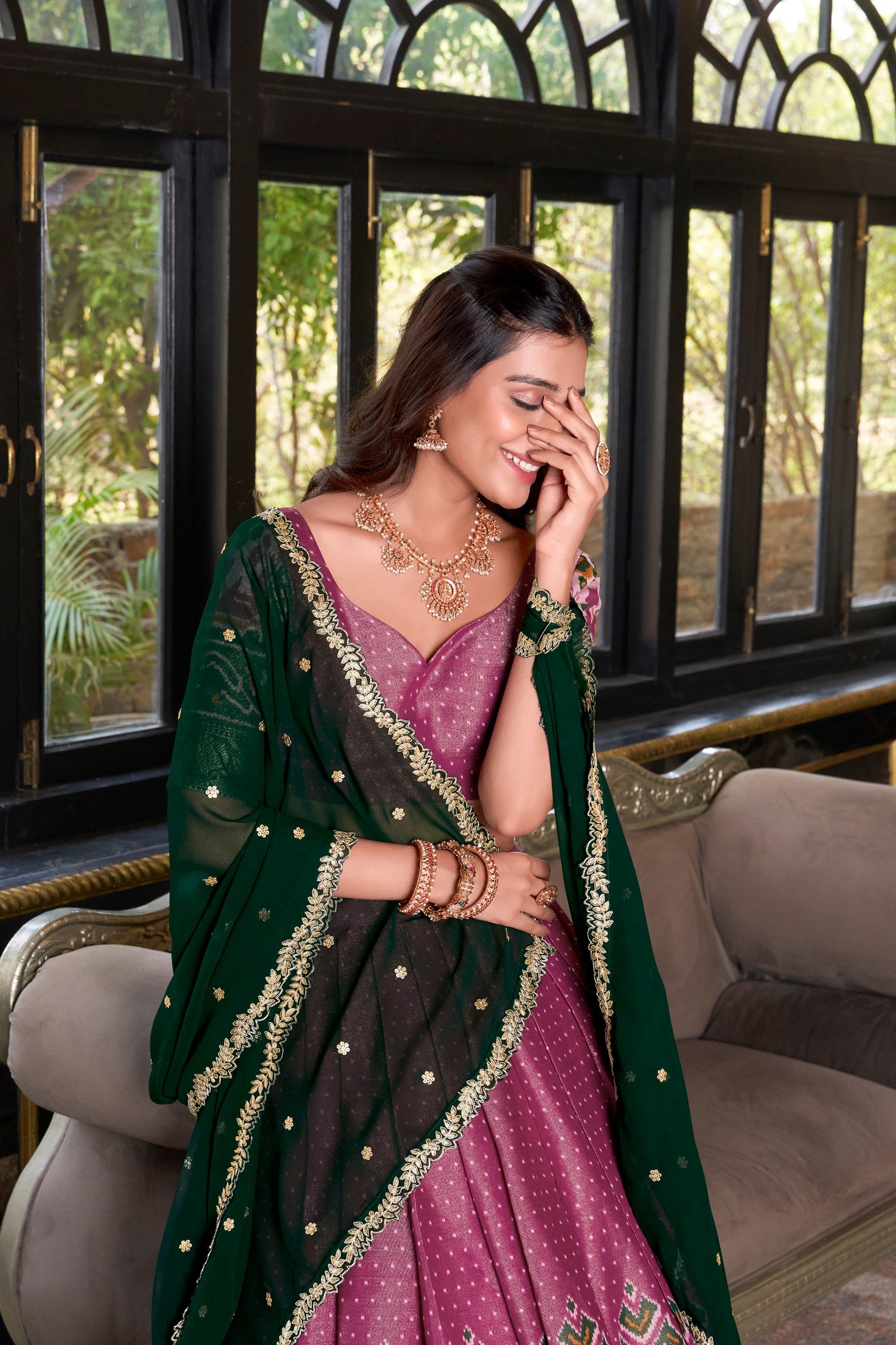 South Indian Wear Pink Color Kanchipuram Printed With Zari Weaving Work Lehenga Choli