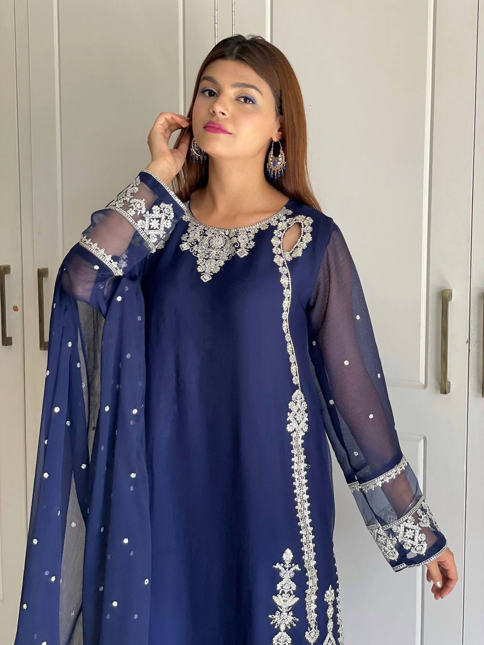 Reception Wear Navy Color Georgette 3-Piece Salwar Suit