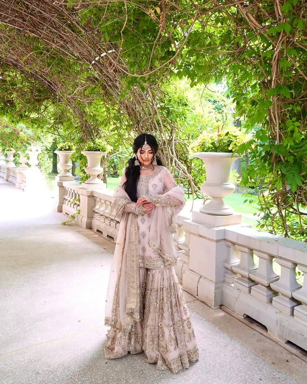 Marriage Wear Light Cream Color Heavy Faux Georgette With Embroidery Sequence Work Sharara Suit