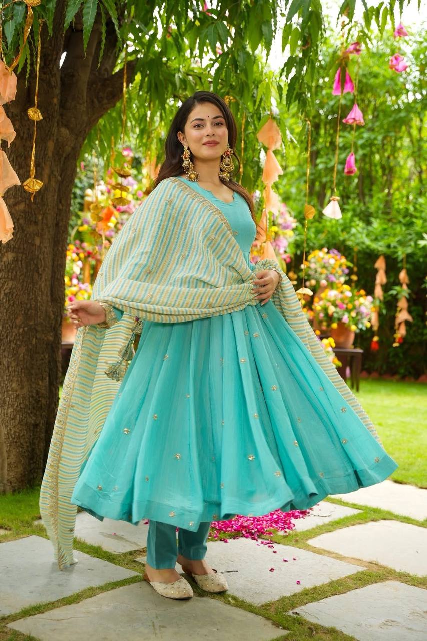 Designer Sky Color Faux Georgette Anarkali Suit