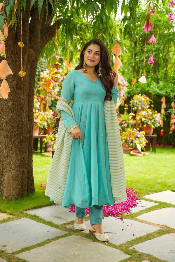 Designer Sky Color Faux Georgette Anarkali Suit