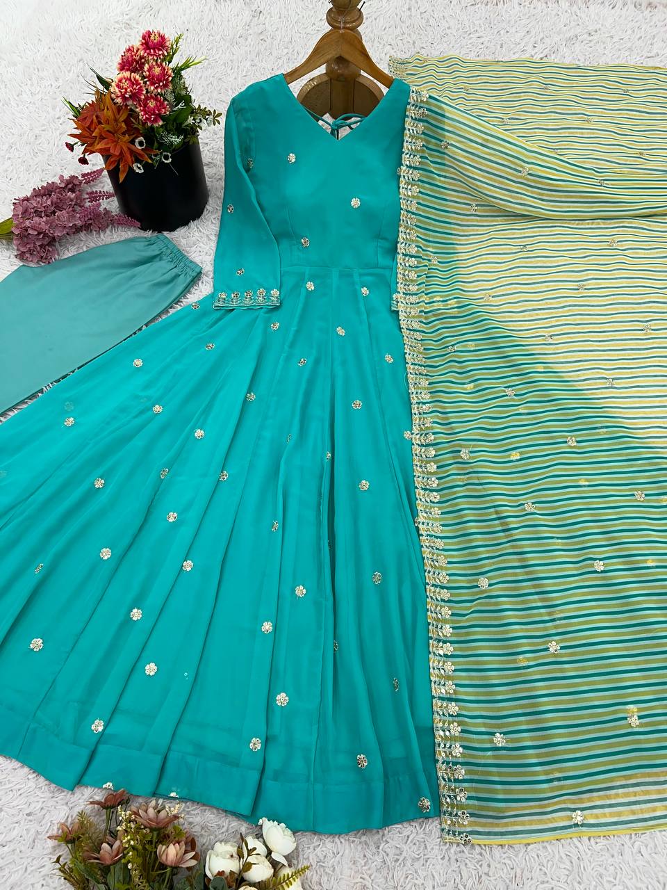 Designer Sky Color Faux Georgette Anarkali Suit