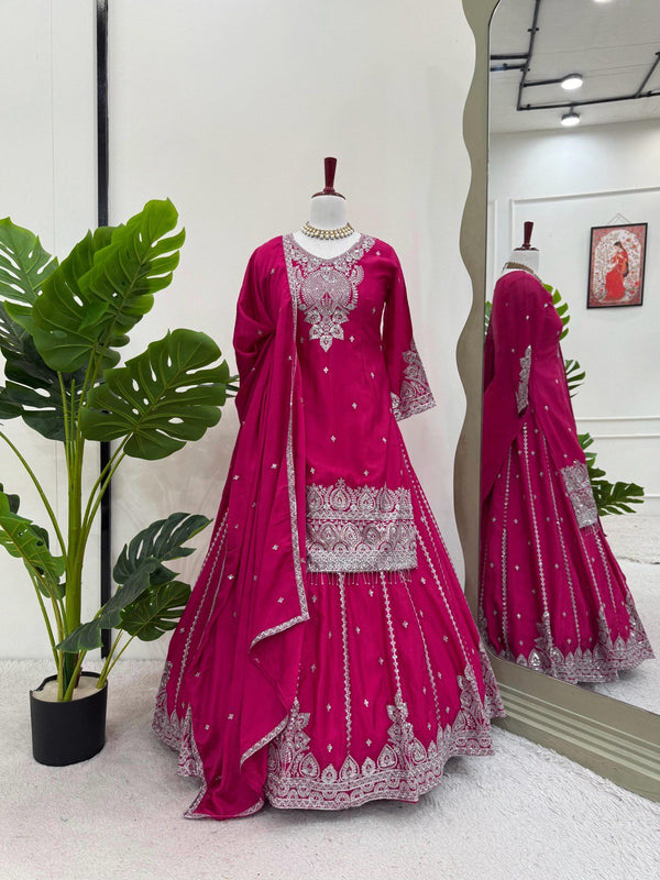 Attractive Pink Color Embroidered Designer Top With Lehenga