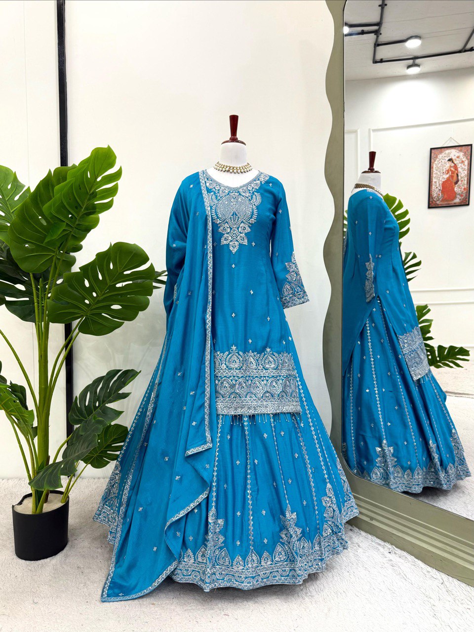 Gorgeous Sky Blue Color Embroidered Designer Top With Lehenga