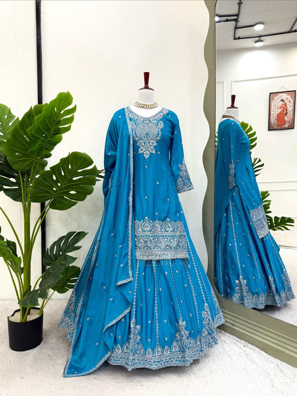 Gorgeous Sky Blue Color Embroidered Designer Top With Lehenga