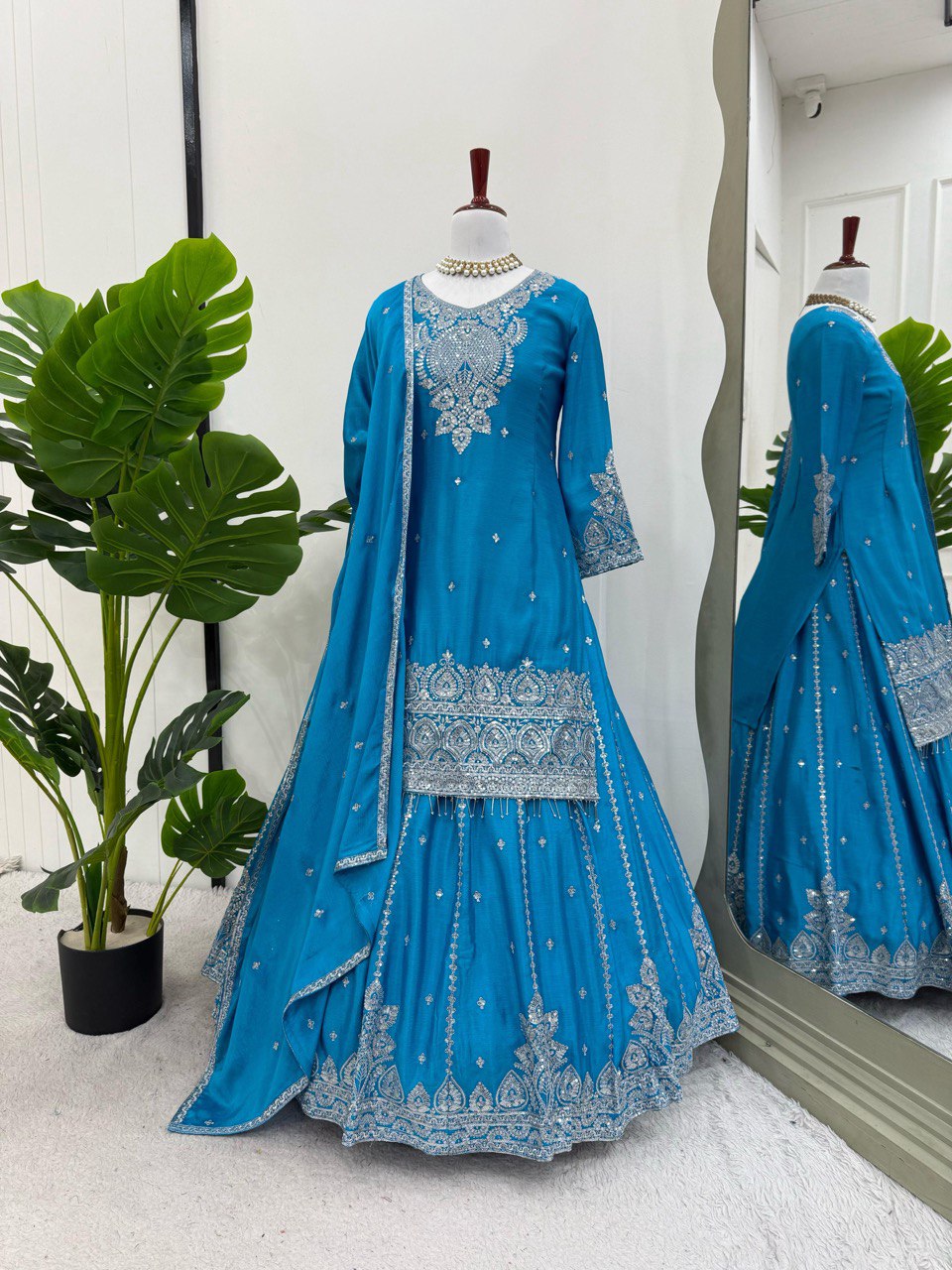 Gorgeous Sky Blue Color Embroidered Designer Top With Lehenga