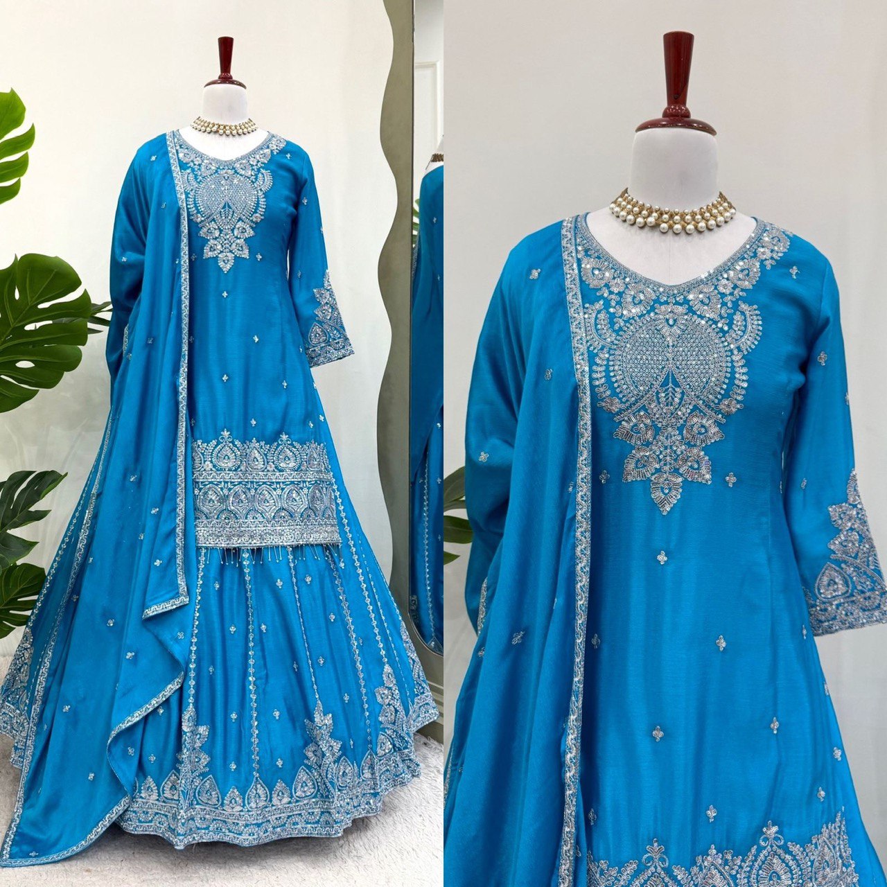 Gorgeous Sky Blue Color Embroidered Designer Top With Lehenga