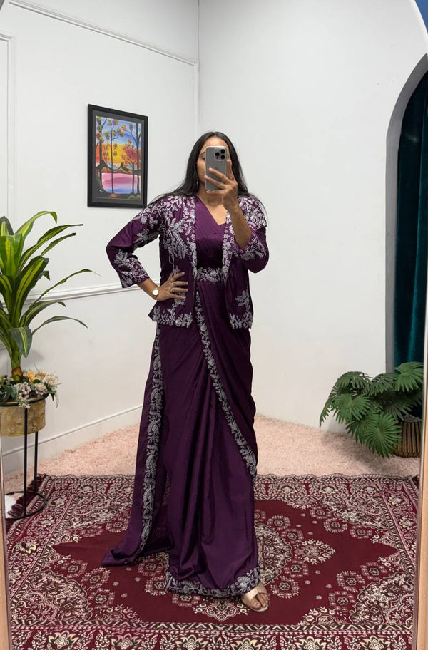 Wedding Wear Wine Color Chinon With Heavy Embroidery Work Indo-Western Drape Saree