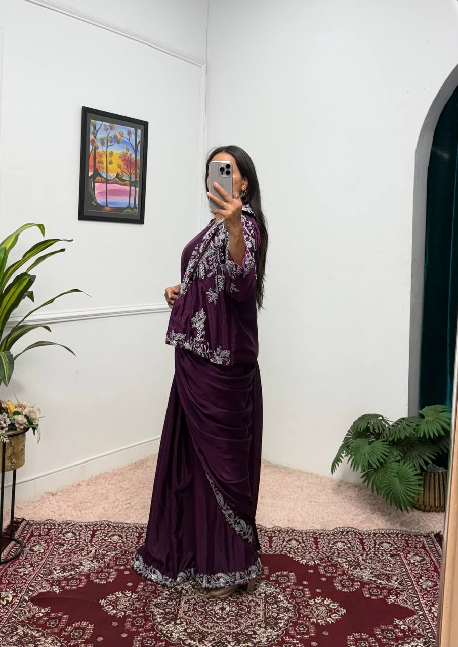 Wedding Wear Wine Color Chinon With Heavy Embroidery Work Indo-Western Drape Saree