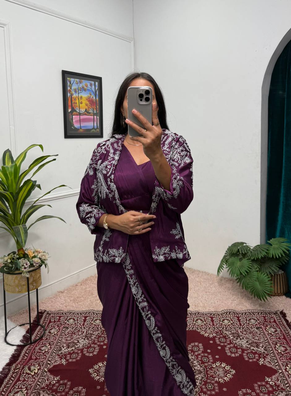 Wedding Wear Wine Color Chinon With Heavy Embroidery Work Indo-Western Drape Saree