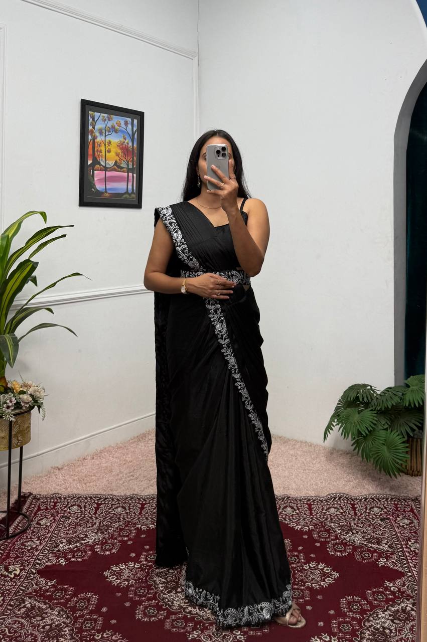 Ceremony Wear Black Color Chinon With Heavy Embroidery Work Indo-Western Drape Saree