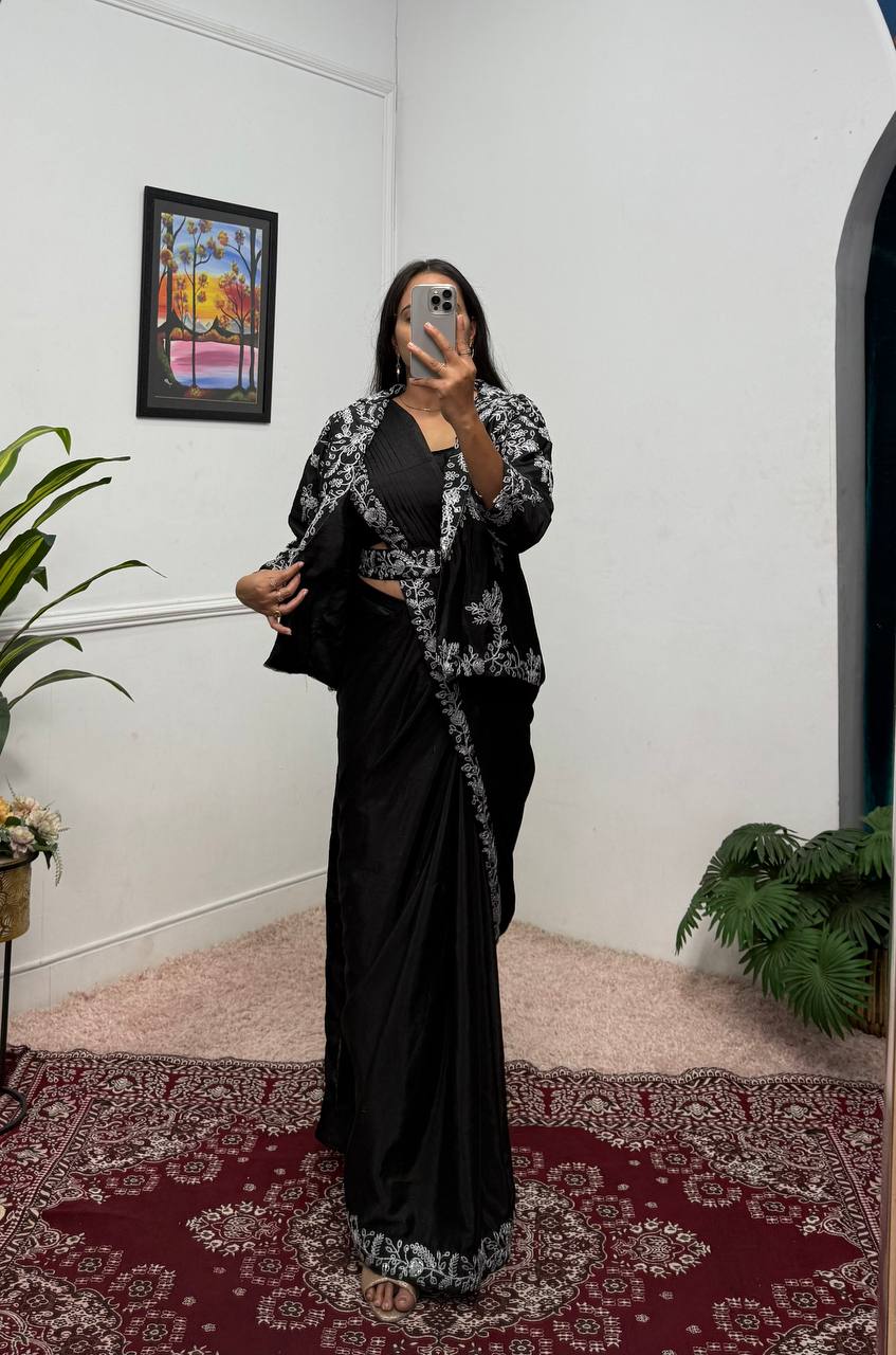 Ceremony Wear Black Color Chinon With Heavy Embroidery Work Indo-Western Drape Saree