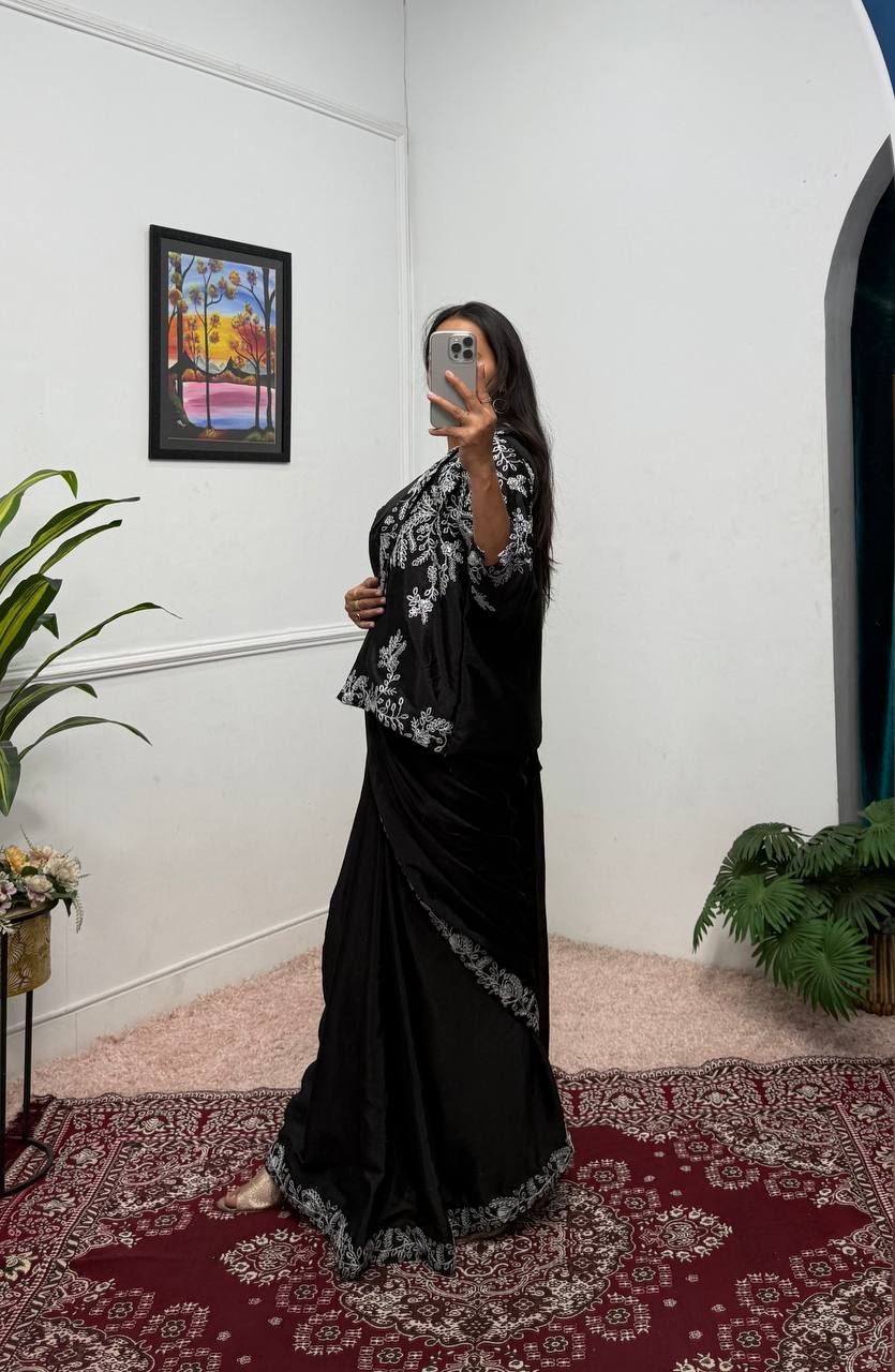 Ceremony Wear Black Color Chinon With Heavy Embroidery Work Indo-Western Drape Saree