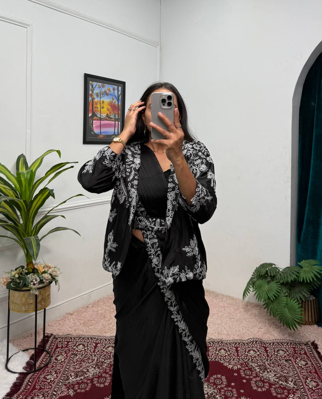 Ceremony Wear Black Color Chinon With Heavy Embroidery Work Indo-Western Drape Saree