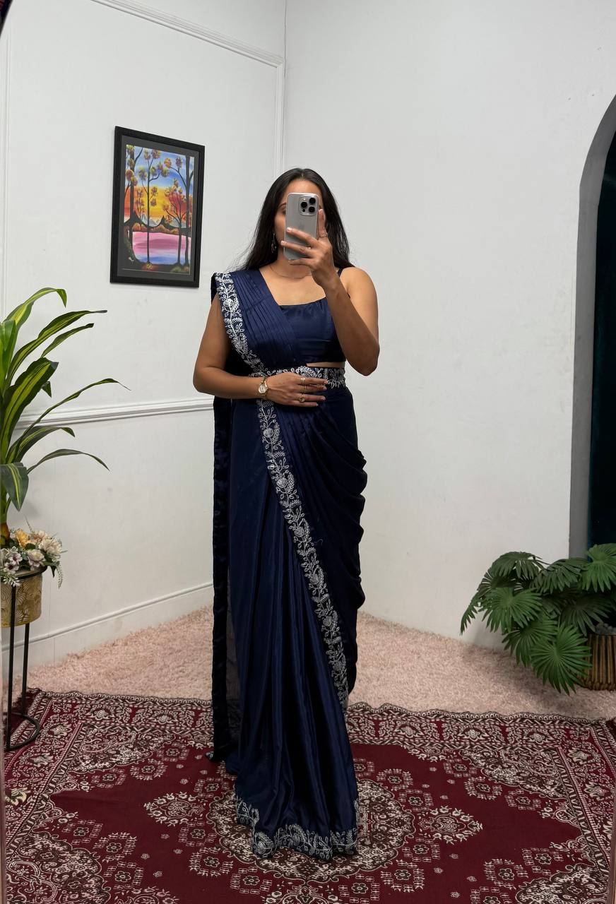 Party Wear Navy Color Chinon With Heavy Embroidery Work Indo-Western Drape Saree