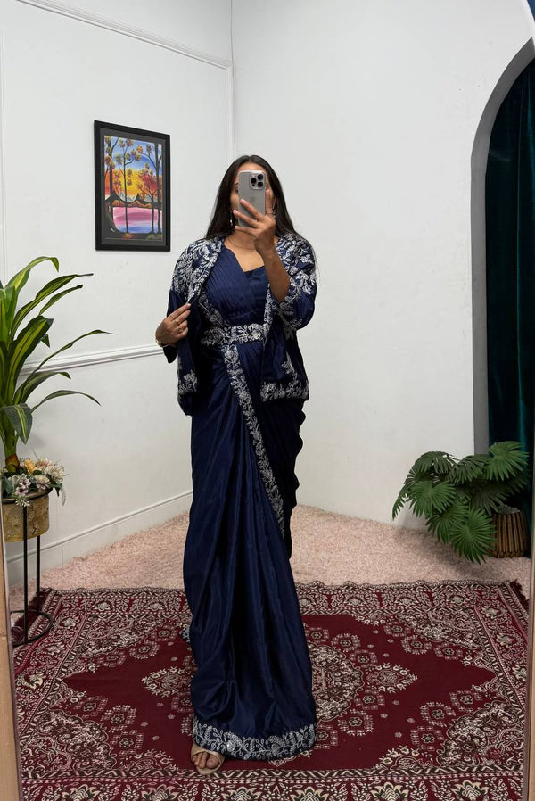Party Wear Navy Color Chinon With Heavy Embroidery Work Indo-Western Drape Saree