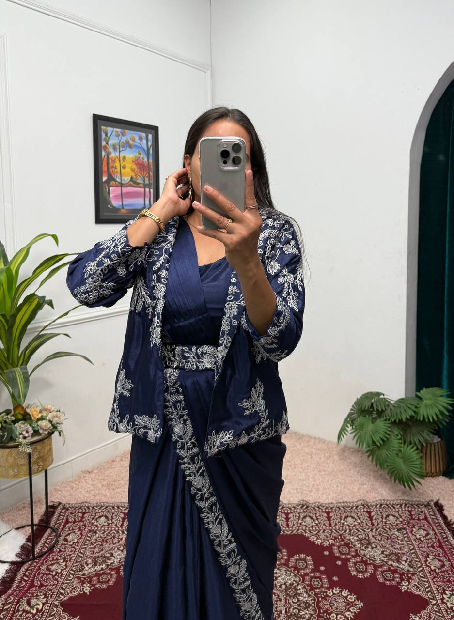 Party Wear Navy Color Chinon With Heavy Embroidery Work Indo-Western Drape Saree