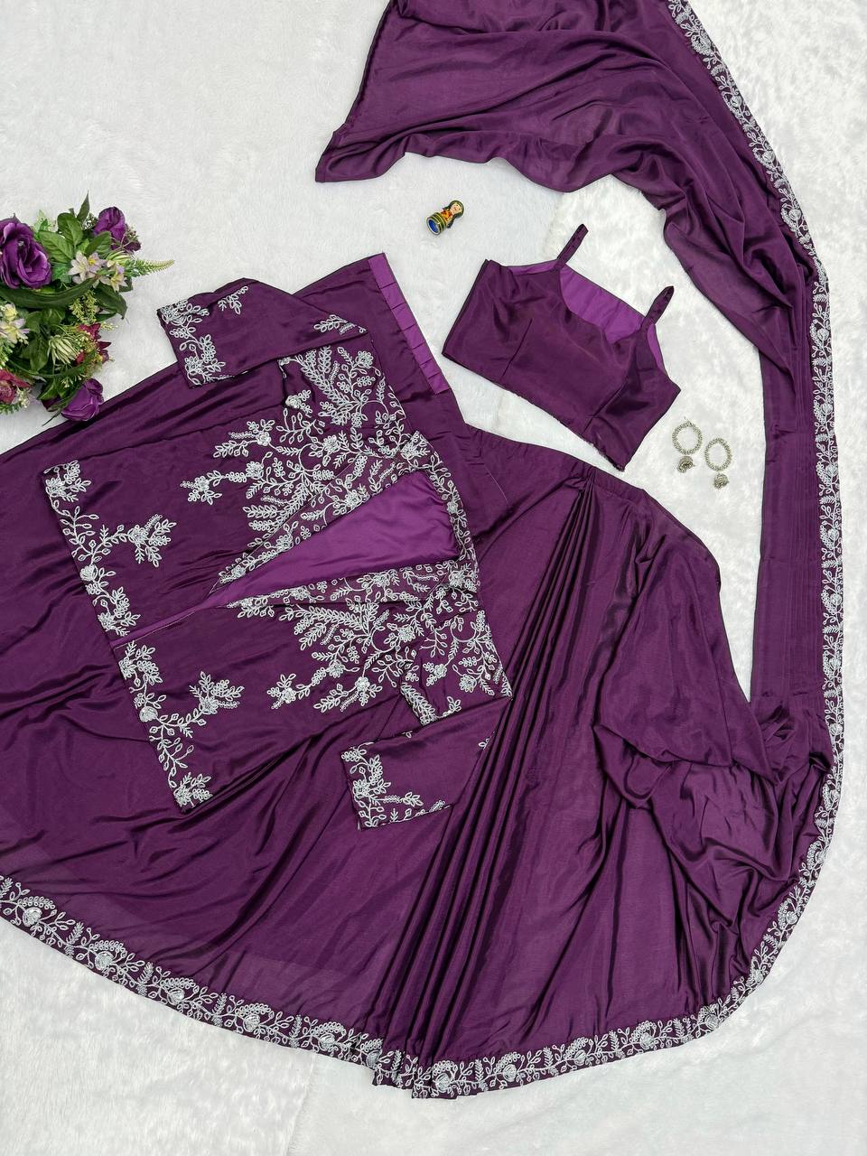 Wedding Wear Wine Color Chinon With Heavy Embroidery Work Indo-Western Drape Saree