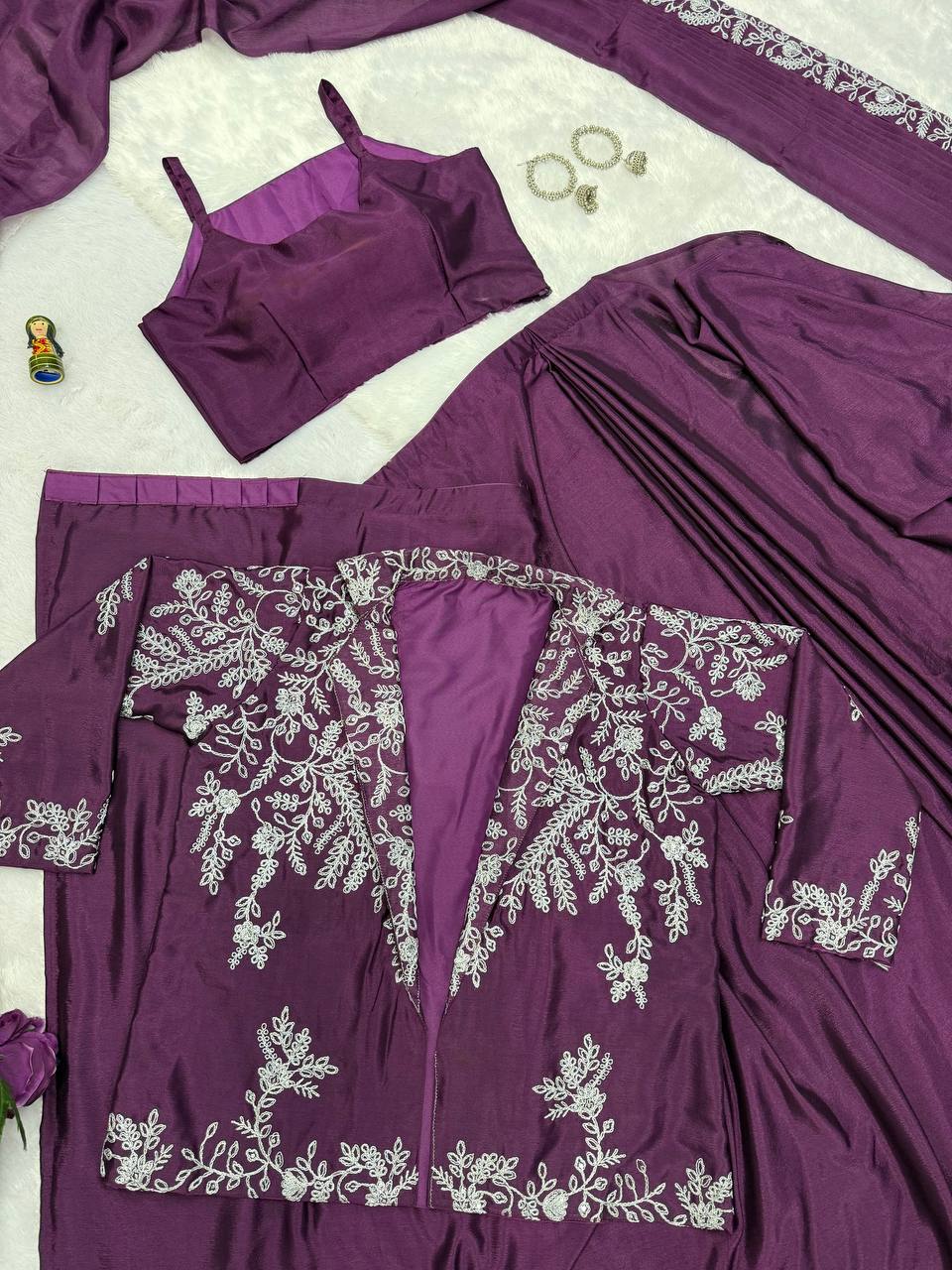 Wedding Wear Wine Color Chinon With Heavy Embroidery Work Indo-Western Drape Saree