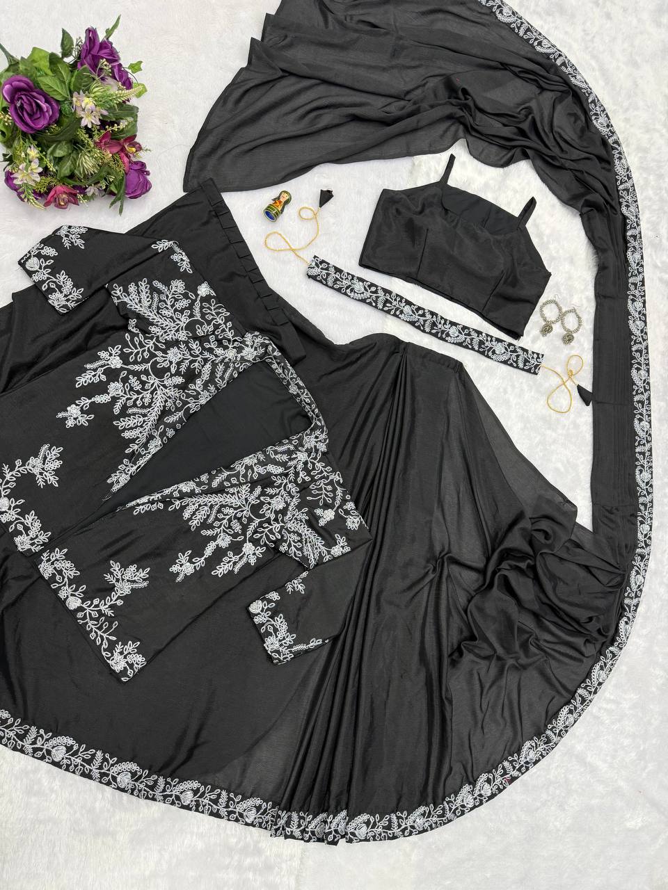 Ceremony Wear Black Color Chinon With Heavy Embroidery Work Indo-Western Drape Saree