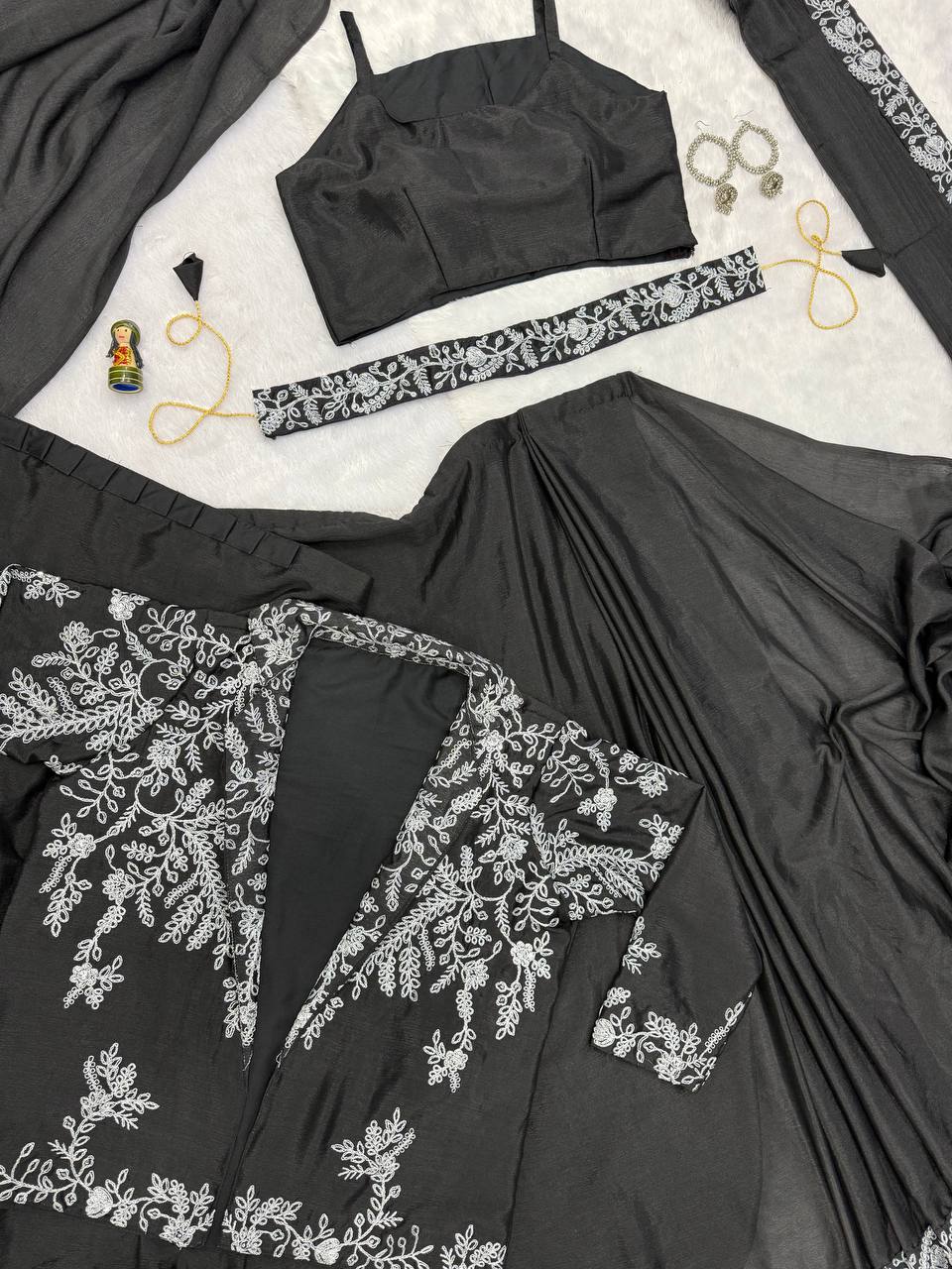 Ceremony Wear Black Color Chinon With Heavy Embroidery Work Indo-Western Drape Saree