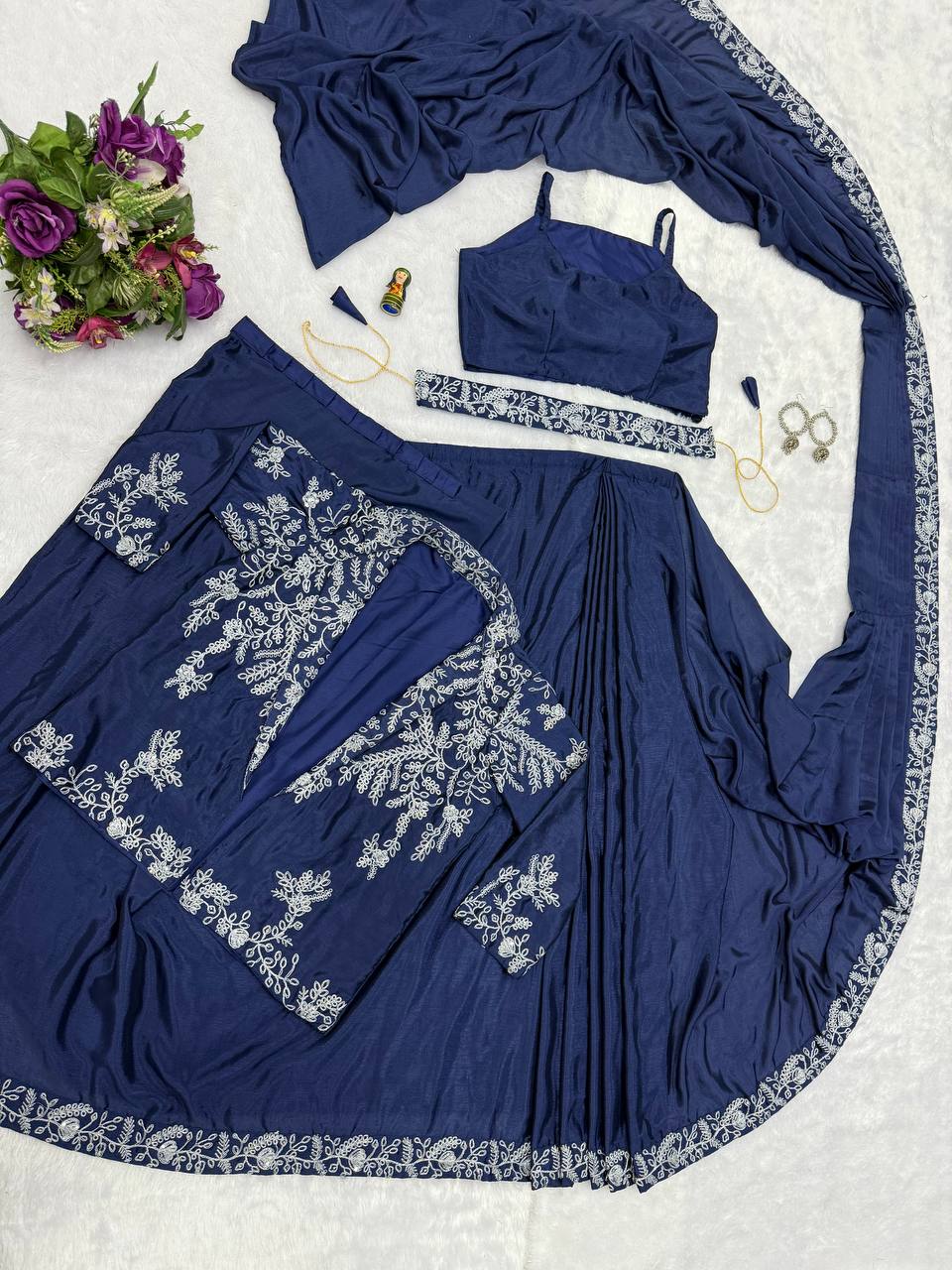 Party Wear Navy Color Chinon With Heavy Embroidery Work Indo-Western Drape Saree