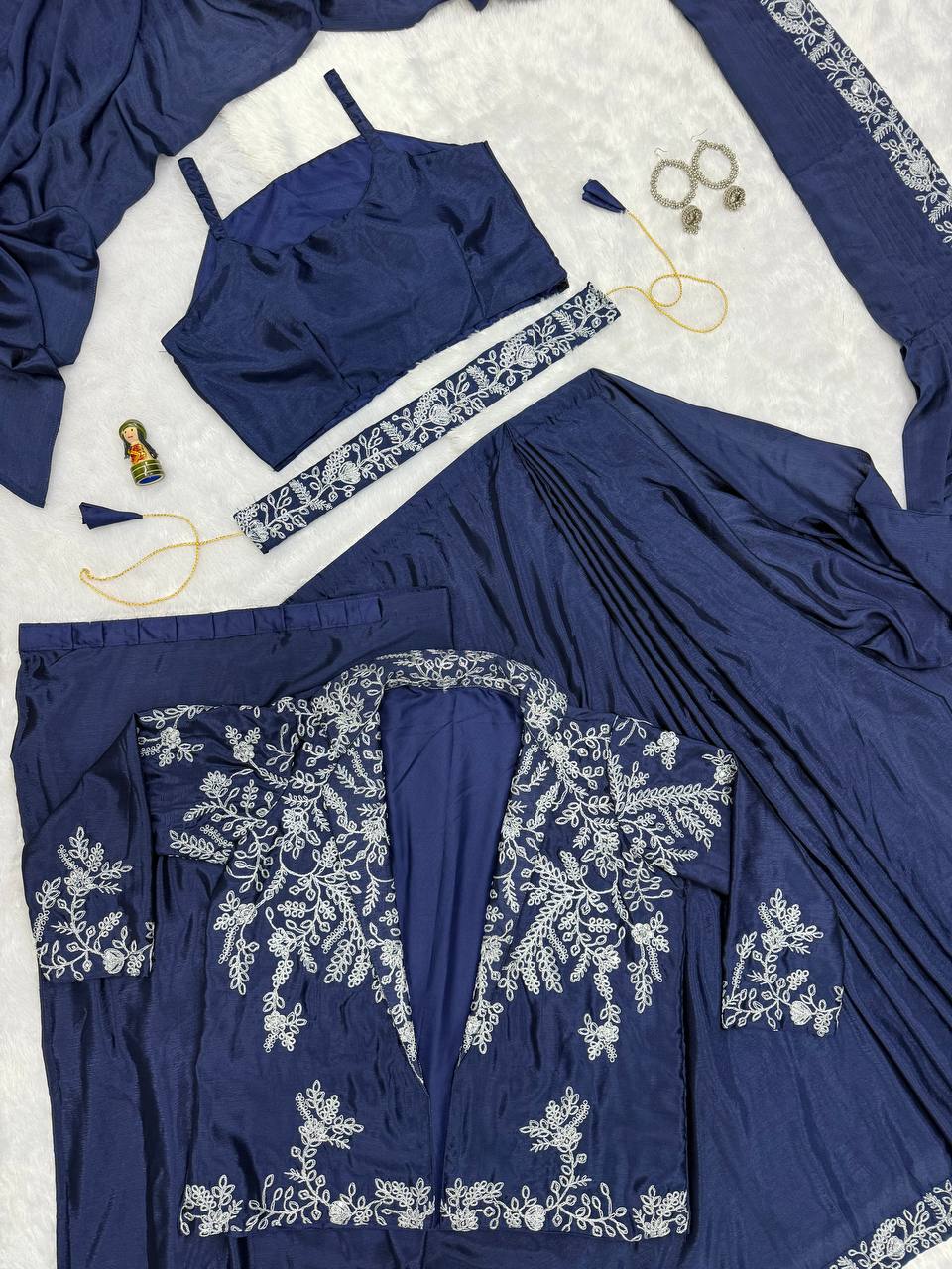 Party Wear Navy Color Chinon With Heavy Embroidery Work Indo-Western Drape Saree